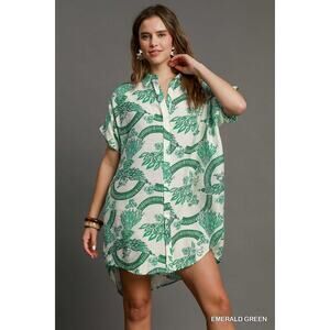 Umgee Emerald Green and White Floral Shirt Dress